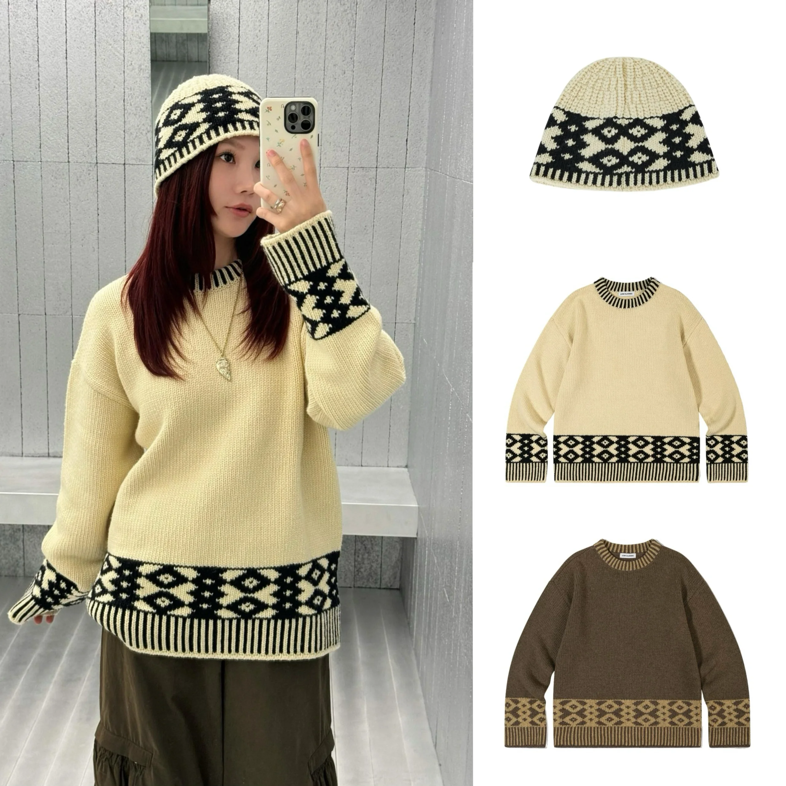 Южная Корея Ретро Топ с ромбами Свободный круглый вырез Теплый вязаный комплект