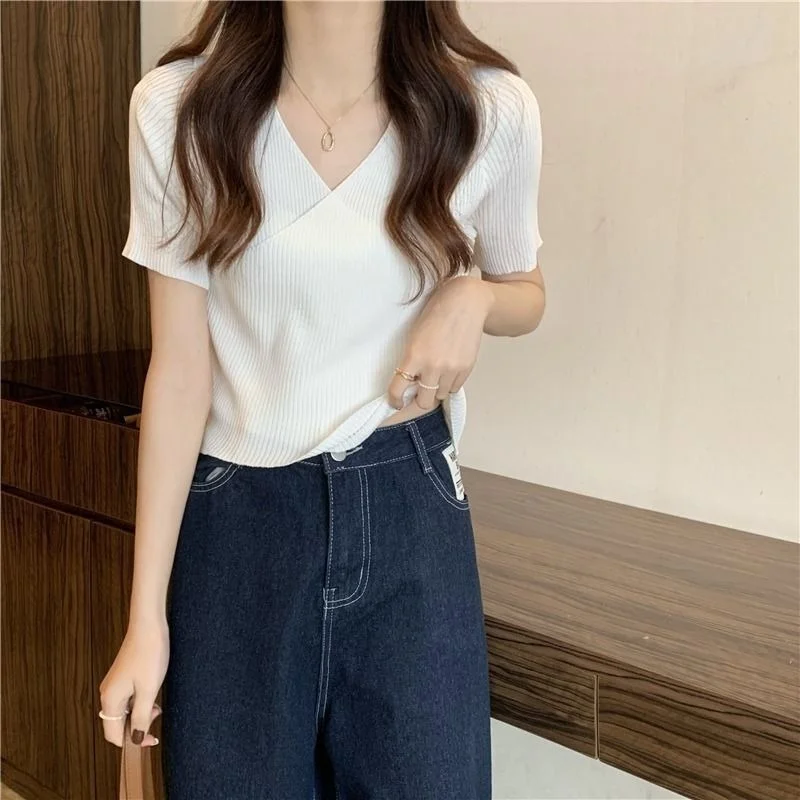 

Spring/Summer V-Neck Cross Knit T-Shirt Short Sleeve Women Tops