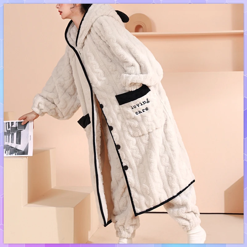 Coral Velvet Bathrobes For Women Plus Size Nightie Cartoon Hooded Warm Flannel Kimono Robe Dressing Gowns Winter Sleepwear