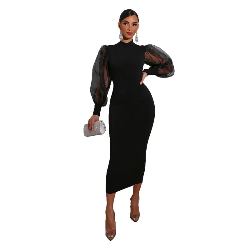 

Комбинированное Сетчатое платье 2023, женское облегающее черное платье средней длины с разрезом и рукавами-фонариками, элегантное и модное женское платье