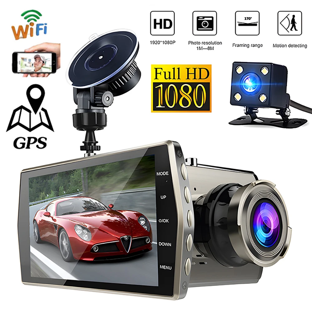 

Видеорегистратор автомобильный, Wi-Fi, GPS, 4,0 дюйма, Full HD, 1080P
