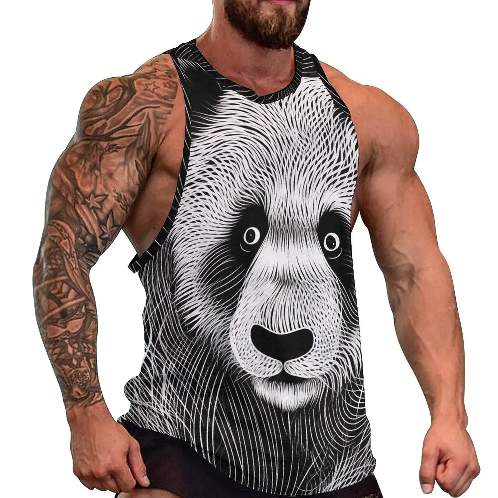 

Panda Tank Top Man Portraits Psychedelic Lines Fashion Tops Beach Training Design Sleeveless Vests Large Size 4XL 5XL