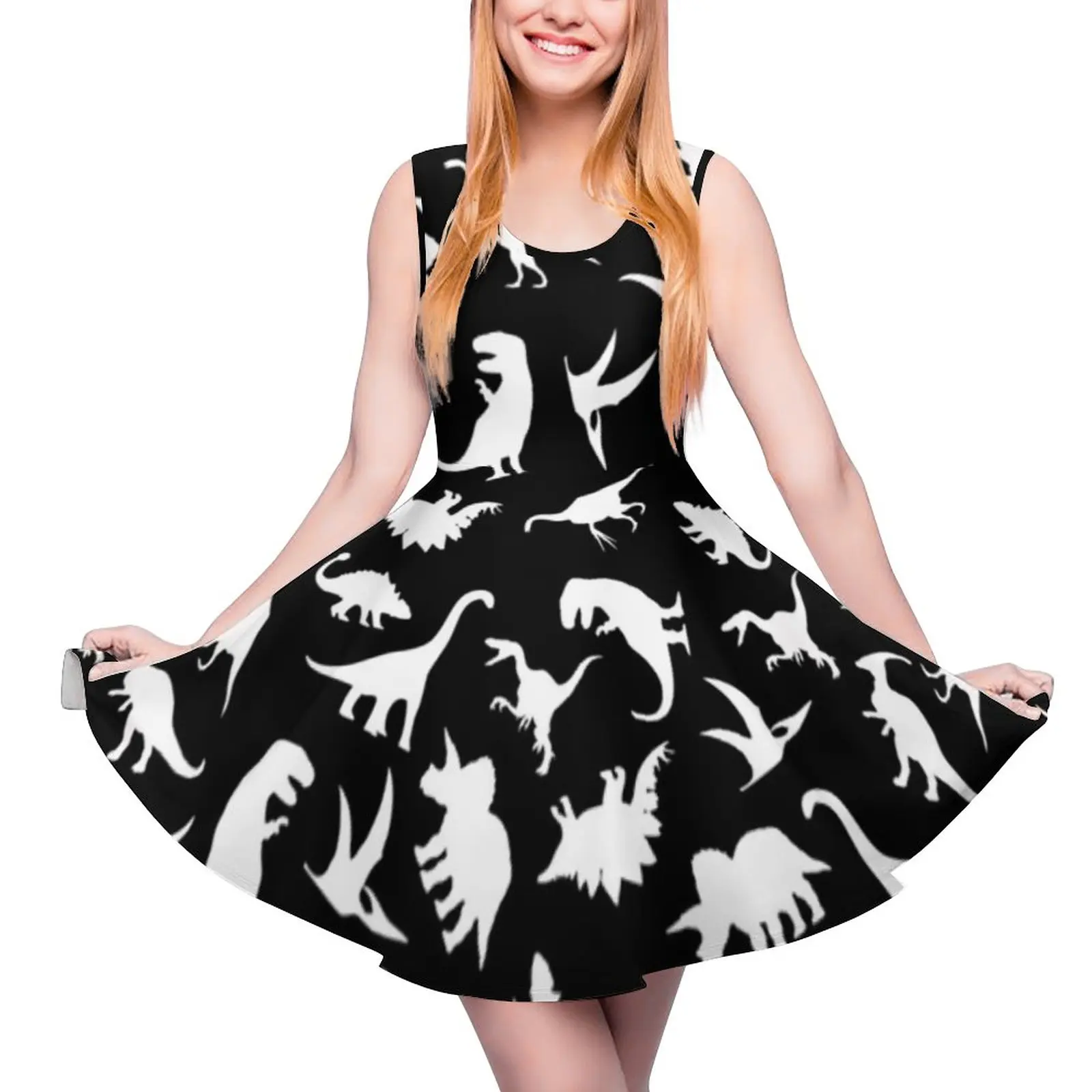 

White Dinosaur Print Dress High Waist Funny Animal Casual Dresses Summer Womens Oversized Kawaii Custom Skate Dress