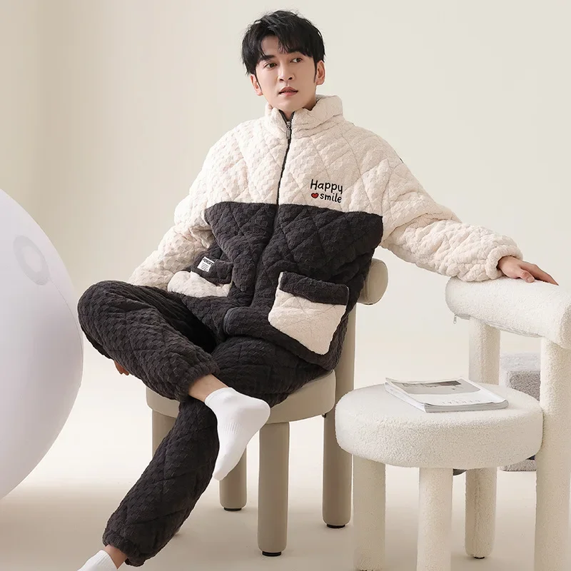 Мужская зимняя одежда для сна утолщенный флис трехслойные манжеты хлопок