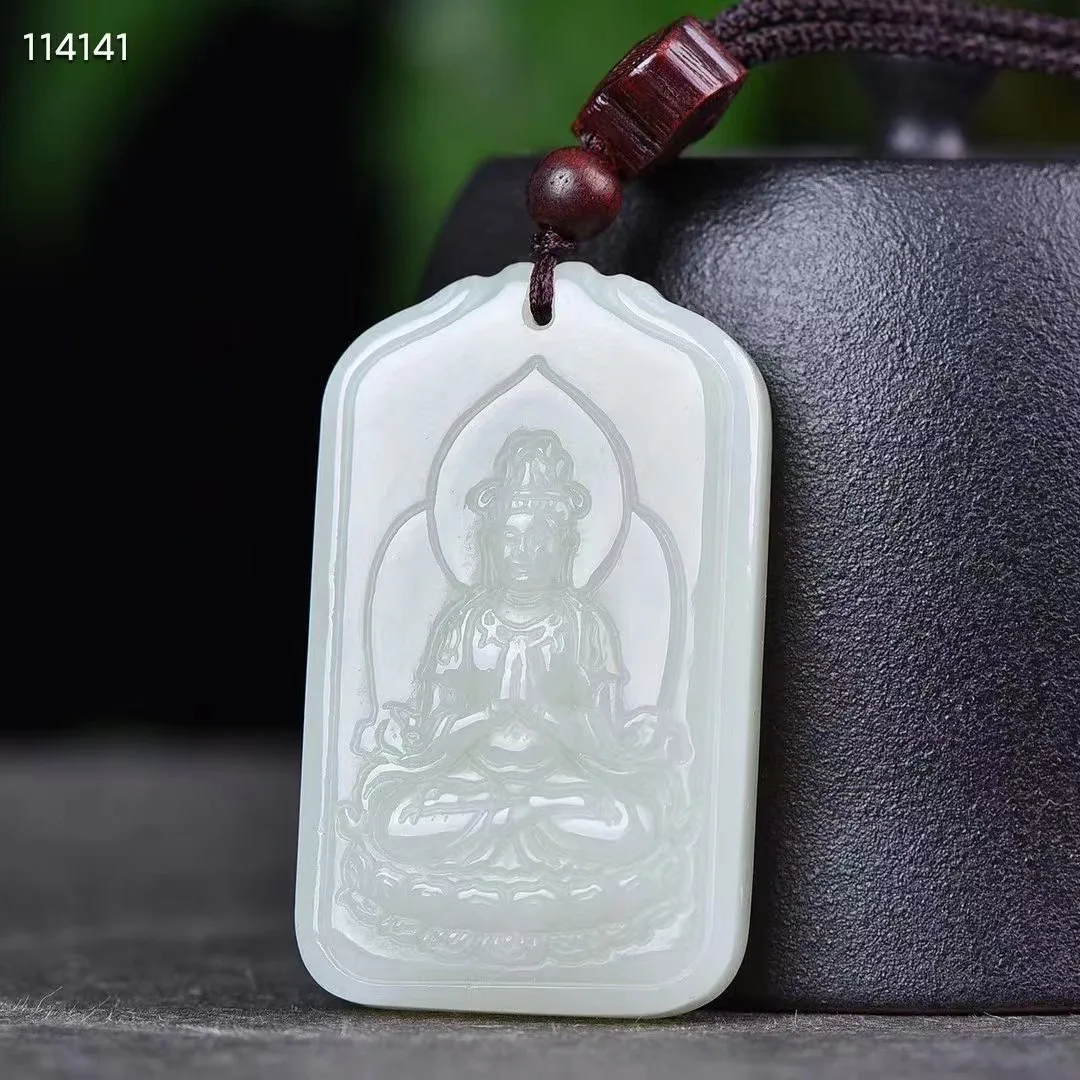 

Natural 100%real white hetian jade carve Guanyin Lotus Bless peace Attracting Wealth pendant jewellery for men women gifts luck