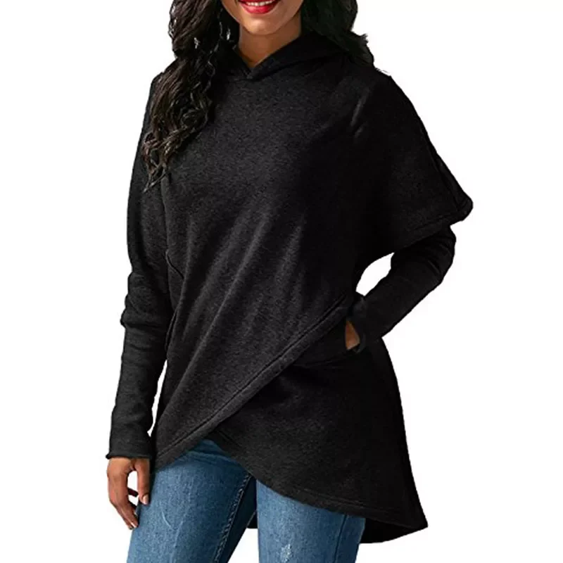 

New2022 Womens Hoodie Long Sleeve Hooded Asymmetrical Hem Wrap Hoodie Solid Casual and Loose Fit Sweatshirt Outwear Pullover