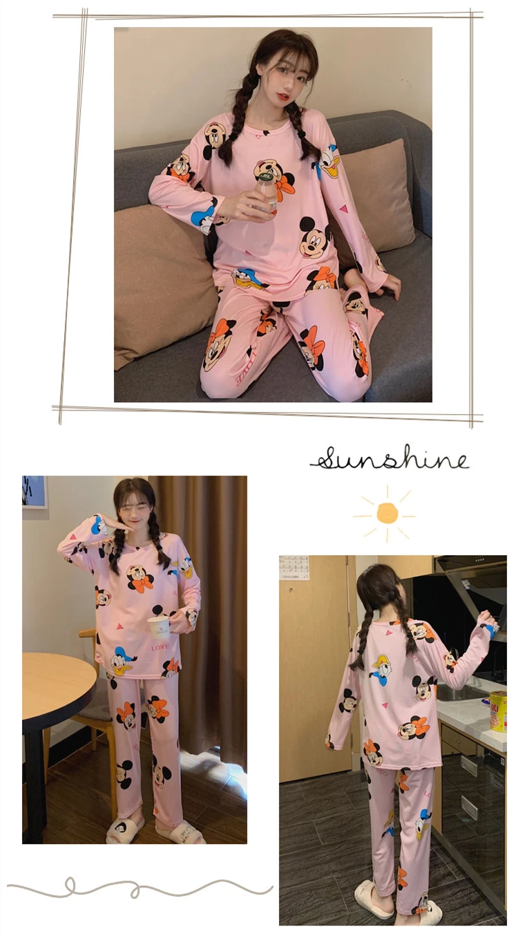 Disney Cartoon Minnie Mouse Pajama Pants for Women Summer New Loose Long Sleeve Top and Trousers Sleepwear Cute Home Suit Lady