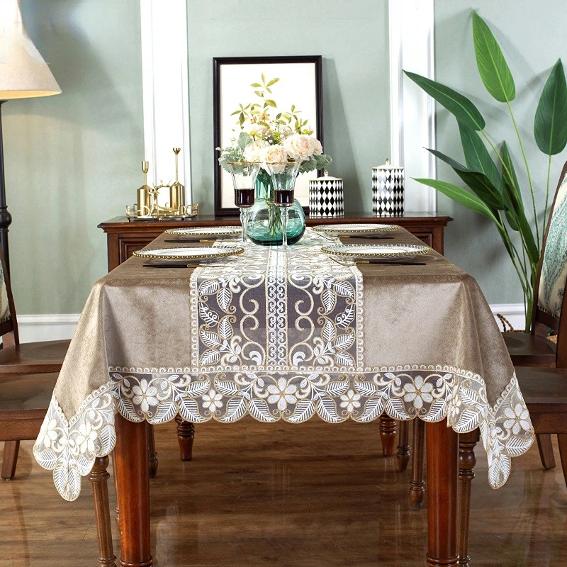 

Table cloth Chocolate Golden Velvet Embroidered Luxury Table Dining Table Cover TableCloth Flower Lace Tv Cabinet Dust Cover