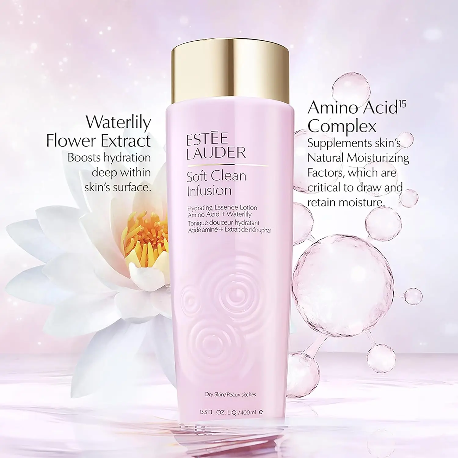 Фото Estée Lauder Soft Clean Infusion Увлажняющий лосьон для лица с эссенцией для кожи с аминокислотами + водной сливкой, 400 мл №2