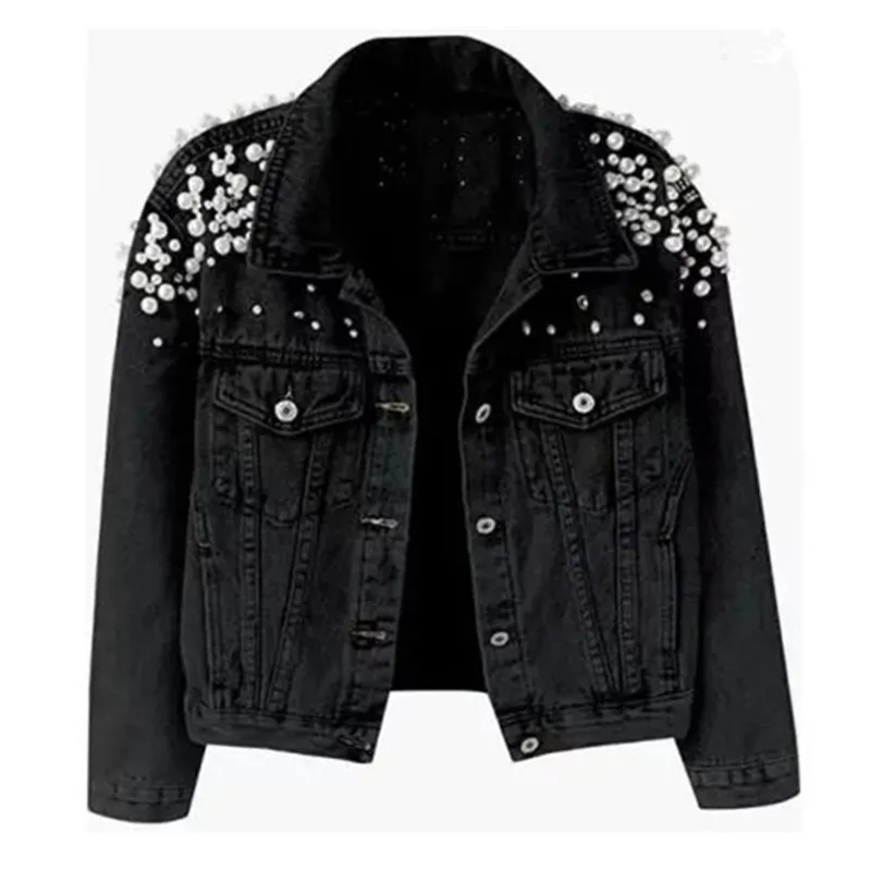 Женская джинсовая куртка весна-осень 2023 базовое пальто с жемчугом женские
