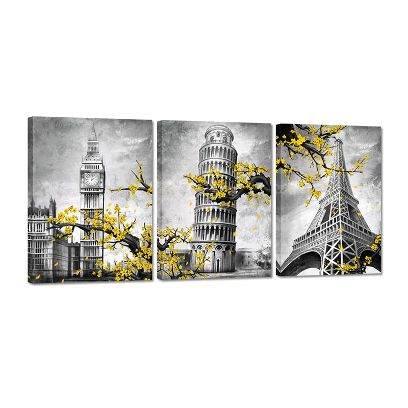 

3 Pieces City Iconic Buildings Wall Art Poster Yellow Flowers Print Canvas Painting Modern Style Picture Living Room Home Decor
