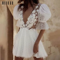 short wedding dresses v neck half sleeves pearls flowers mini bride robes sexy backless illusion formal bridal gowns