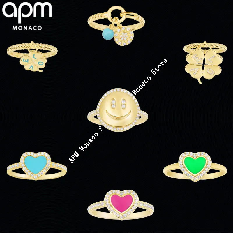 

APM Monaco Luxury Brand Women’s Jewelry S925 Silver Sterling New Luck Four-leaf Clover Smiley Love Girly Fashion Ring Elegant