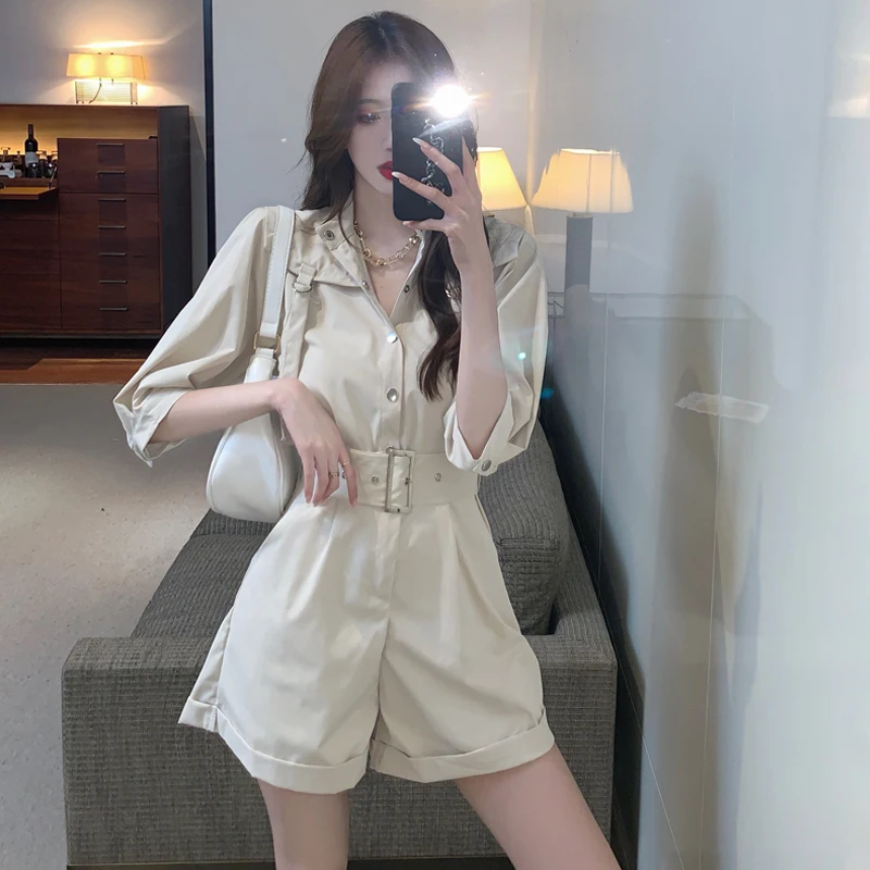 

Women 2022 Summer New Fashion Rompers Jumpsuit Female Short Sleeve Bodysuit High Waist Casual Playsuits Solid Overalls P01