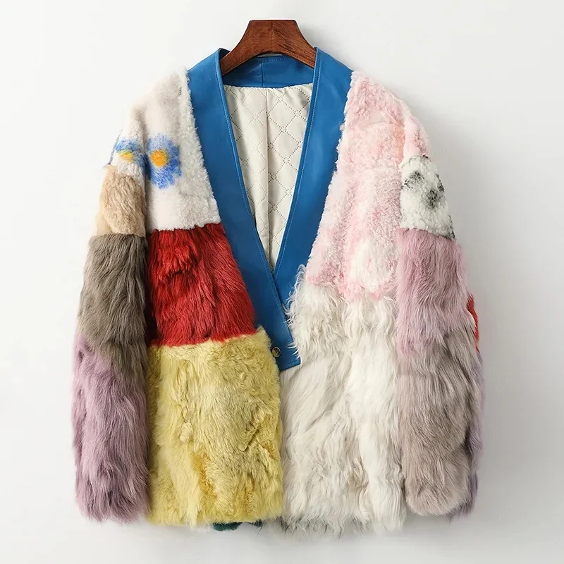 FANIECES 100% Real Lamb Fur Coat Women Winter Jacket Warm Streetwear Contrast V-Neck Fur Coat Natural Fox Fur Collar Overcoat