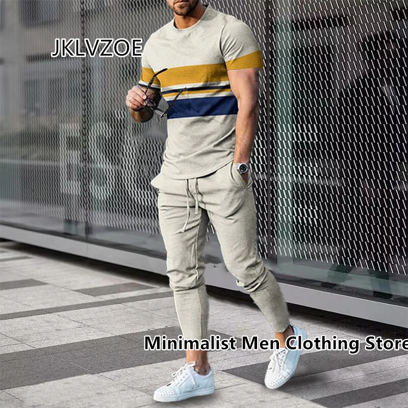 New Men's Tracksuit 2 Piece Set Letter 3D Printed Summer Sportswear Short Sleeve T Shirt+Long Pants Casual Oversized Clothes