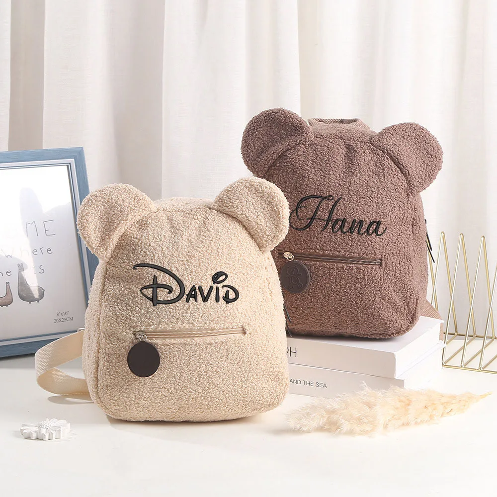 Personalised Embroidery Cute Backpack for School Bear Ears Animal Plush Backpack Custom Any Name Small Backpack Kawaii Bookbag