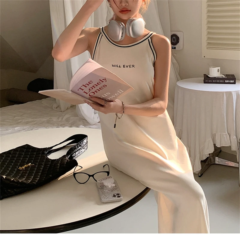 

Contrasting Letter Prints Women's Sleeveless Sexy Grey Dress Europe America Suspender Simple Summer Thin Female Long Vest Skirt