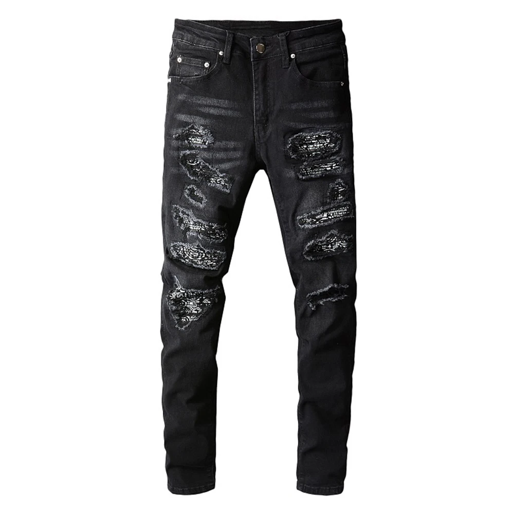 

Men's Bandanna Paisley Printed Patchwork Stretch Jeans Streetwear Black Denim Pencil Pants Slim Skinny Ripped Trousers