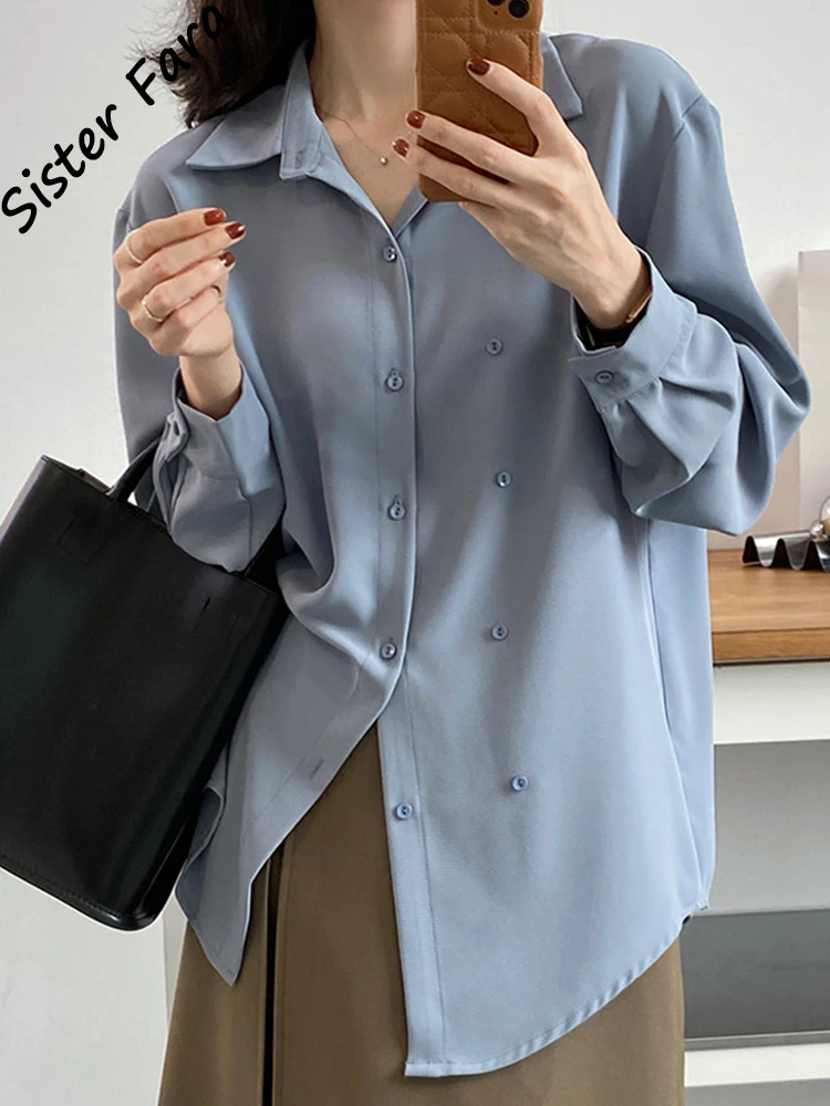

Женская рубашка с воротником-стойкой Sister Fara, Повседневная Свободная двубортная блузка с отложным воротником, прямая блузка для весны и осен...