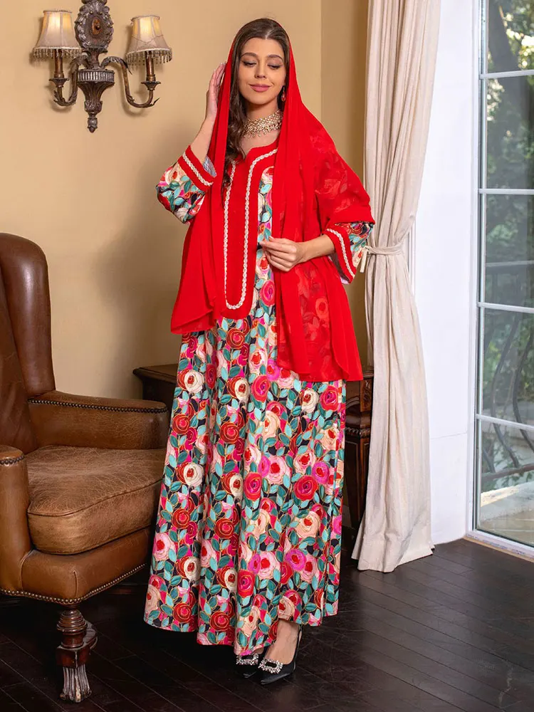 

Floral Jalabiya Moroccan Party Kaftan for Women Ethnic Rose Print Arabic Long Dress Gulf Jalabiyat Muslim Abaya Ramadan Eid