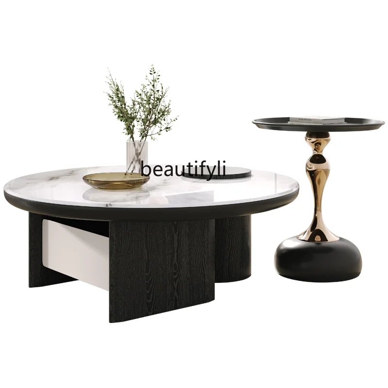 

Natural Color LCD Stone Living Room Coffee Table Household Small Apartment round Simple Modern Advanced New Black round Table
