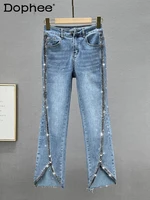 2022 new autumn and winter fashion women clothes high waist flare bottoms denim spliced rivet beading jeans