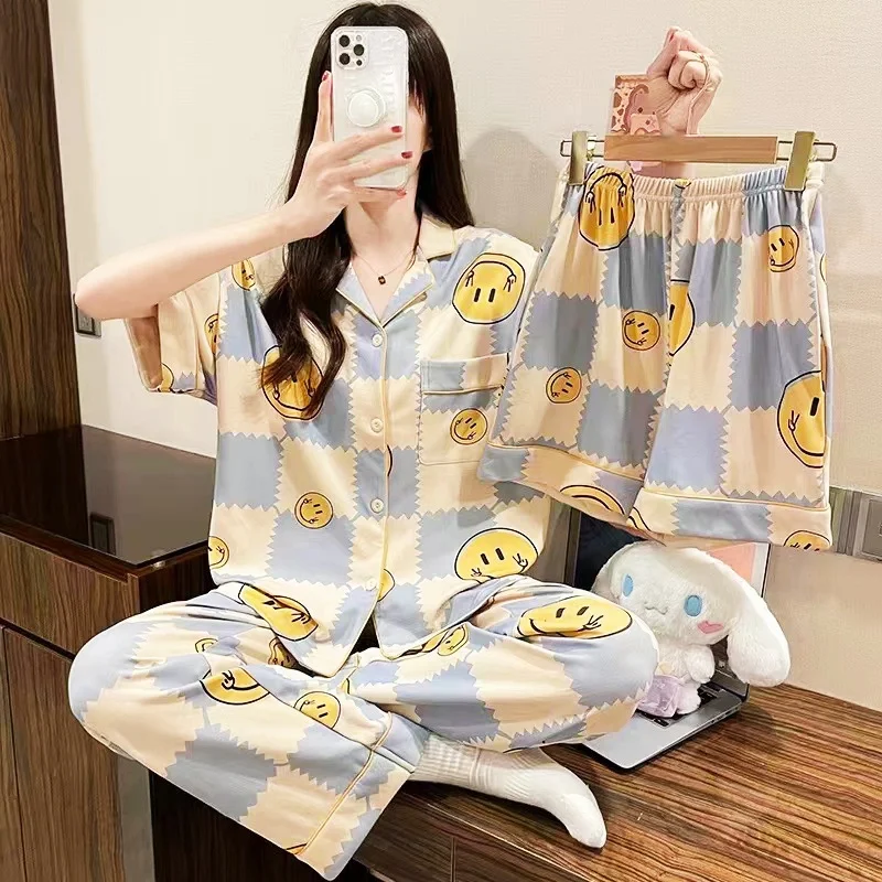 Women's Sweet Pajamas Set Full Sleeve T-shirt Long Pants Shorts 3PCS/Set Princess Cartoon Pyjama Big Size Homewear Cozy PJS
