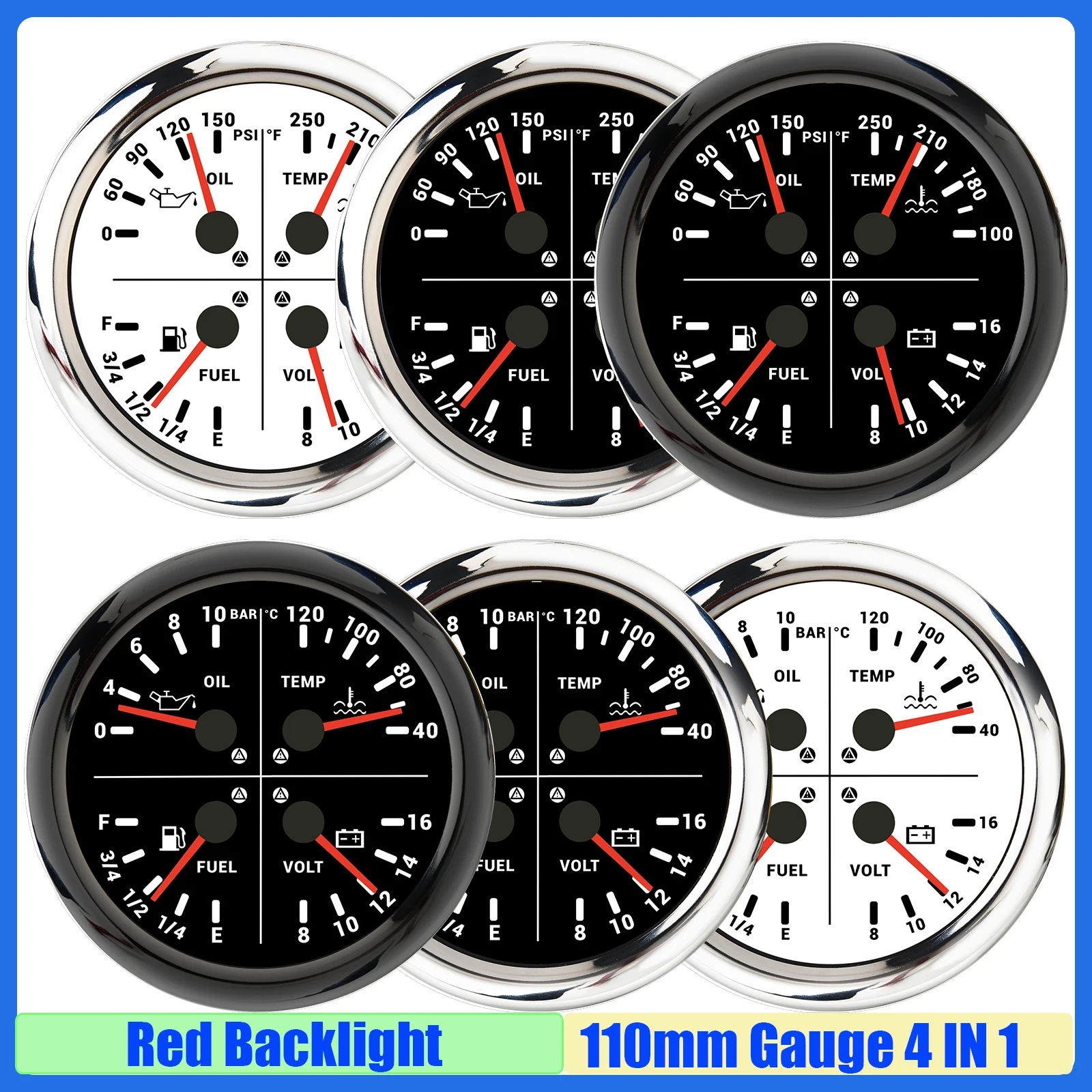Красный Флюоресцентный Манометр 4 в 1 110 мм с сигнализацией измеритель давления