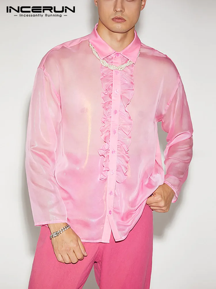 INCERUN Party Nightclub Style New Men Hot Sale Blouse Comfortable Mesh Ruffled Long-sleeved See-through Lapel Shirts S-5XL 2022