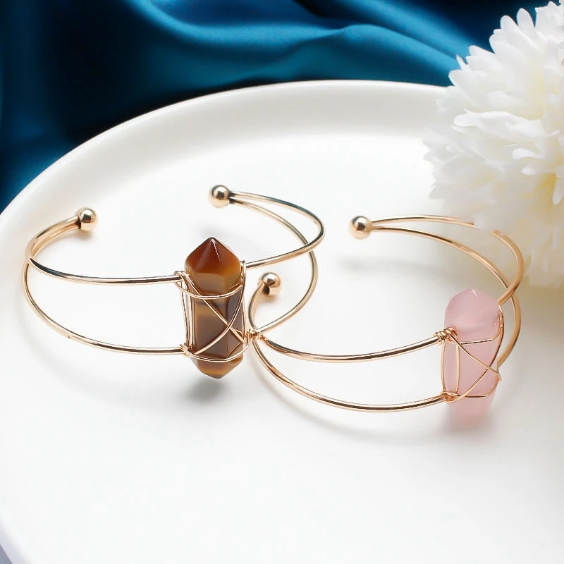 

Двойной шестиугольный Браслет-манжета из натуральной кожи, позолоченный проволочный браслет с драгоценным камнем для женщин, ювелирные изделия в подарок