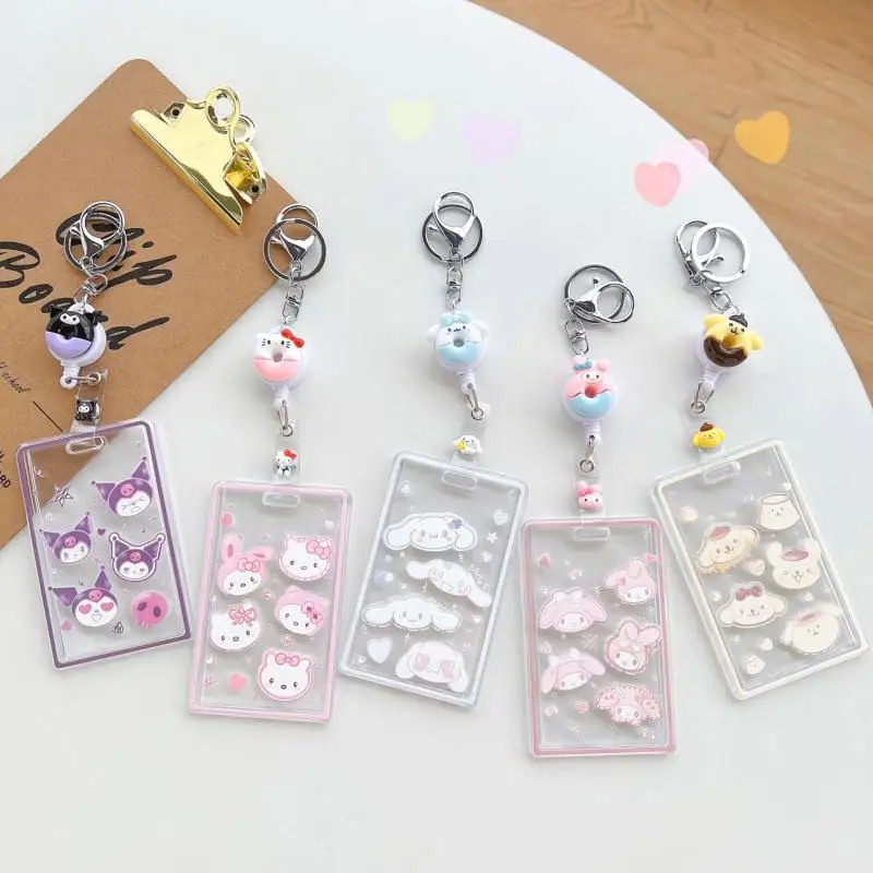 

Cute kawaii sanrio kuromi cinnamoroll creative anime cartoon transparent card set girl heart keychain retractable card set gift