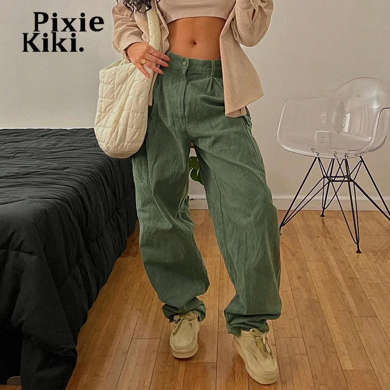

Зеленые мешковатые брюки-карго PixieKiki Y2k с низкой посадкой, женские уличные спортивные брюки в стиле Харадзюку, модные повседневные женские б...