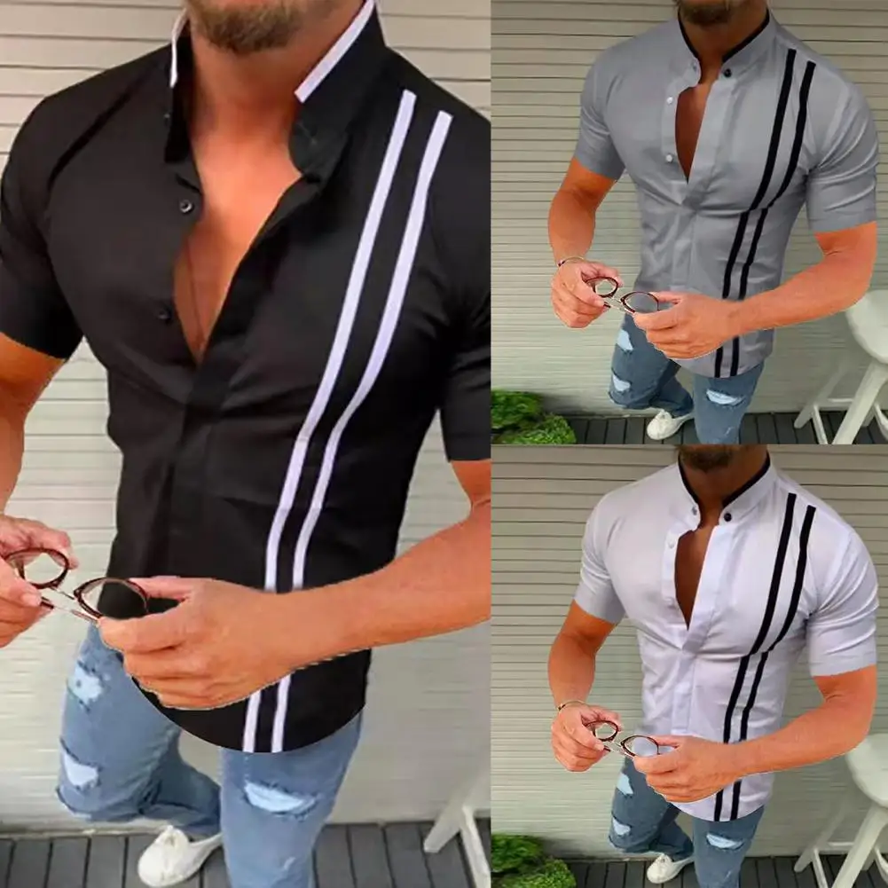 

Футболка мужская с воротником-стойкой, дышащая рубашка в полоску, с короткими рукавами, на пуговицах, в стиле пэчворк, для путешествий, лето