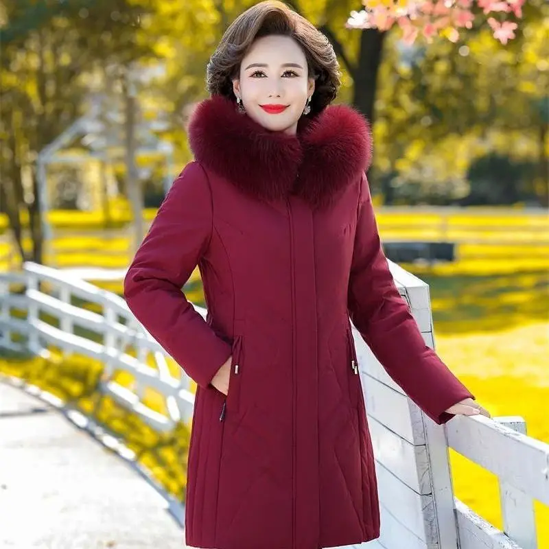 

2023 Women Winter New Middle-aged Down Jackets Female Long Fur Collar Hooded Coats Ladies Loose White Duck Down Outerwear M148