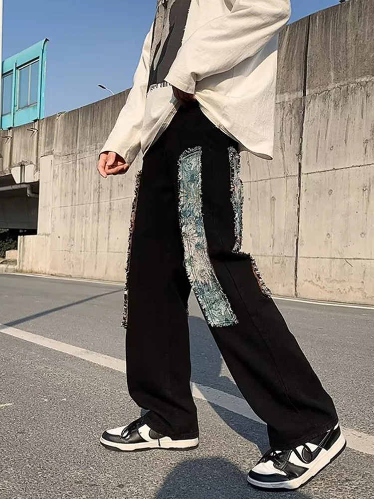 Men's Streetwear Cloth Decoration Casual Pants Loose White/black Color Jeans High-quality Popular Trousers Men Jeans Denim