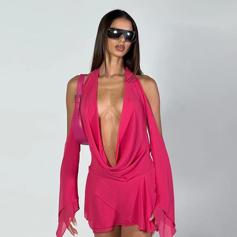 

Halter Neck Irregular Outfit Long Sleeve Dress Women See Through Backless Summer Sexy Party Dresses Beach 2022 Mini Clu