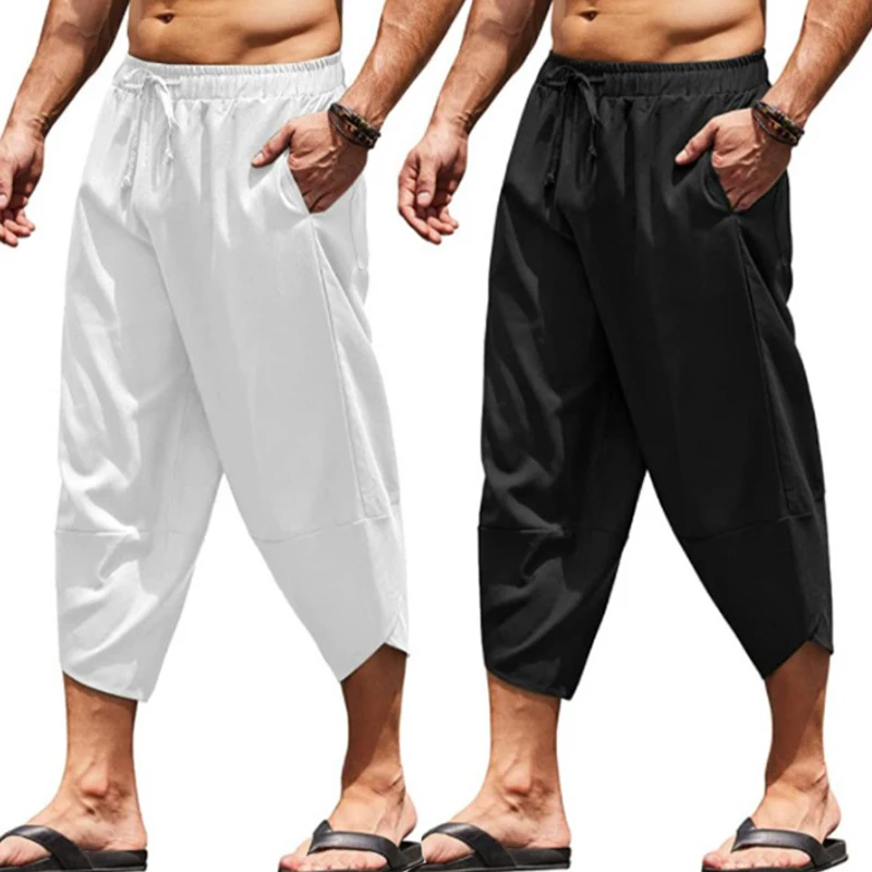 

Капри мужские однотонные из хлопка и льна, Свободные Повседневные Удобные дышащие штаны, простота в использовании