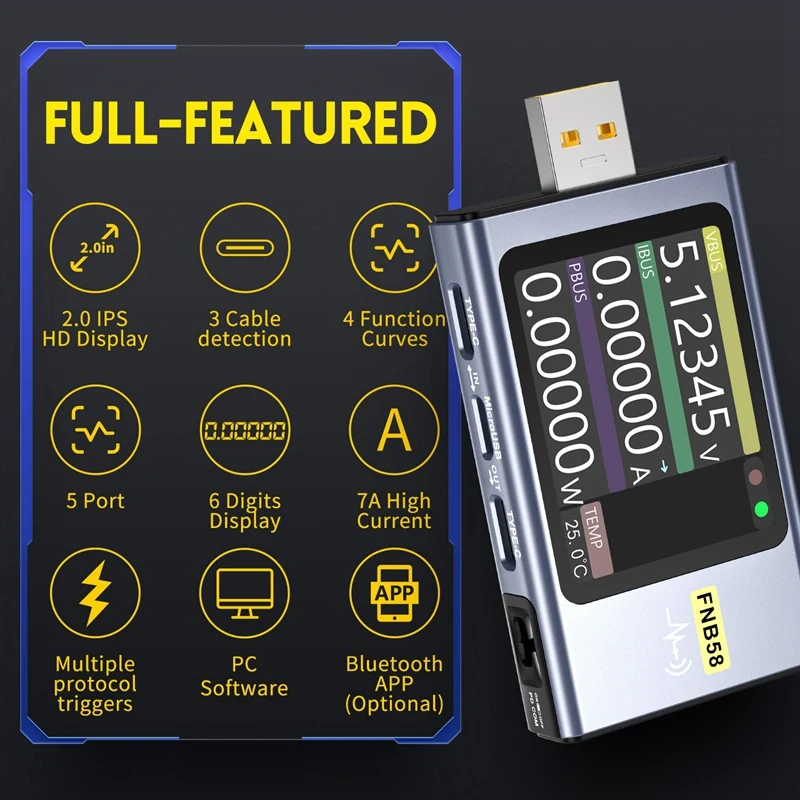 

FNIRSI FNB58 USB Digital Voltage Current Measuring Instrument Type-C Multi-Function Fast Charging Tester QC/PD Decoy