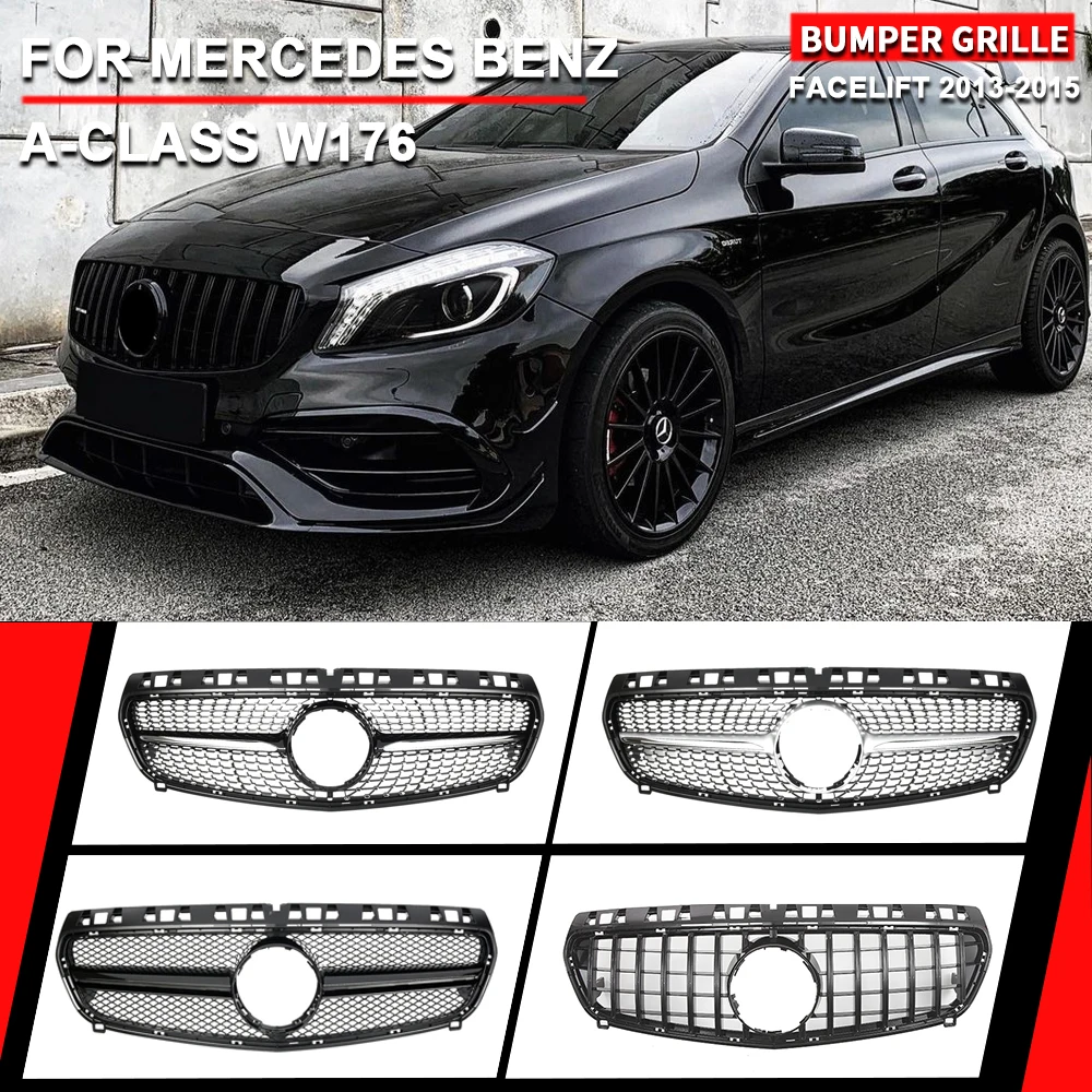 

For Mercedes Benz A-Class W176 2013-2015 A180 A200 A250 A45 AMG Chrome Diamonds Grille Black GTR Grille Front Bumper Grill