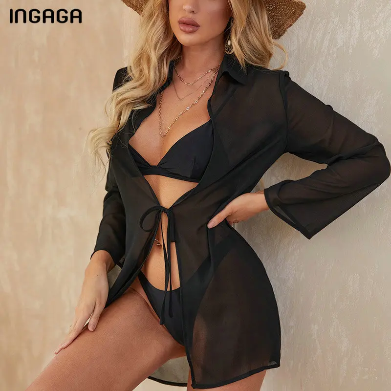 

INGAGA однотонный купальник с завязкой спереди женский купальник 2022 Женская туника с длинным рукавом Сексуальная сетчатая накидка боди летня...