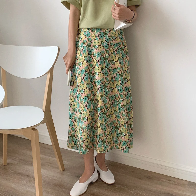 

Women Korean Style Elastic Waist Medium Length Floral Skirts 2021 Spring Summer New High Waist Chiffon Skirt Female A-line Skirt
