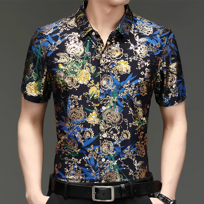 New Summer Mens Clothing Simple Stripes Ethnic Printing Beach Short Sleeve Blouse Casual Loose Male Thin Top Hawaiian Shirts