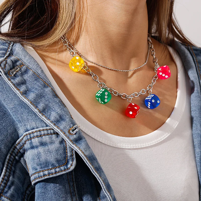 

New Women Cute Funny Black Pink Dice Pendant Necklaces Trendy Geometric Statement Chokers Necklace Jewelry