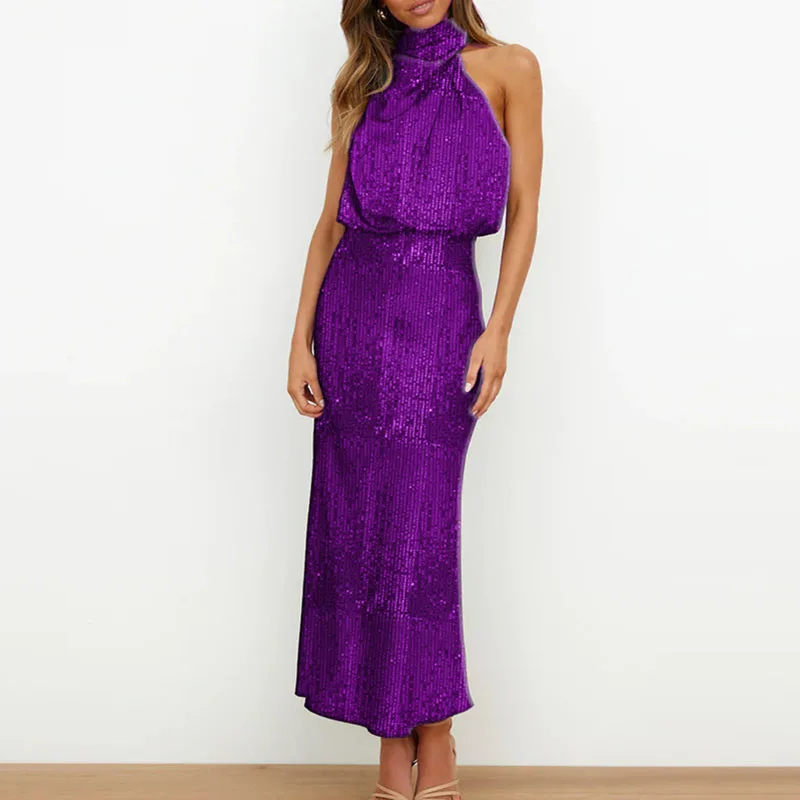 

2024 Spring Glitter Sequin Long Party Dress Women Sexy Off Shoulder Halter Boho Dress Summer Sleeveless Hollow Office Maxi Dress