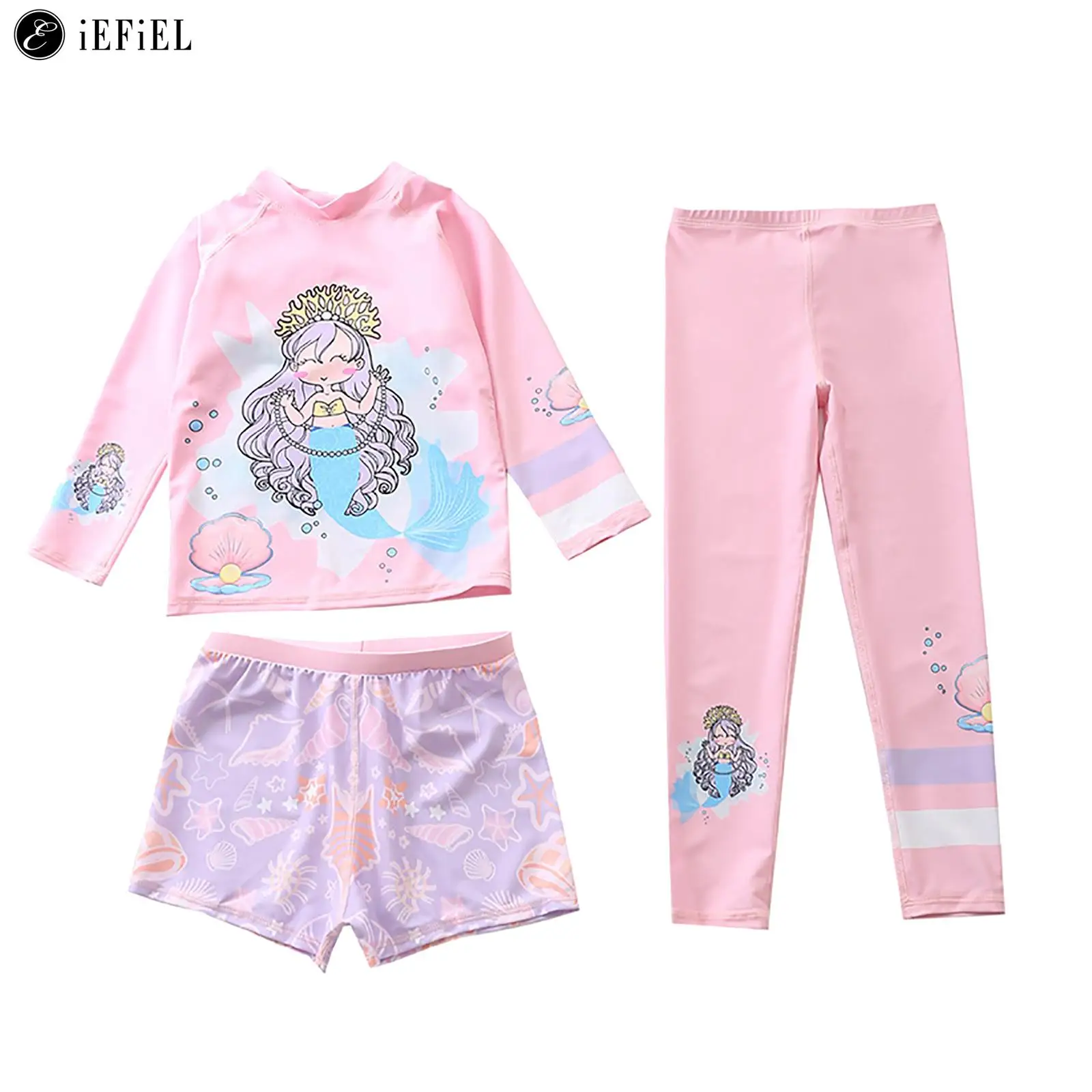 

Kids Girls UV Rash Guard Bathing Suit Sun Protection Swimwear Long Sleeve Tops Swim Shorts and Leggings 3Pcs Sport Swimsuit Set