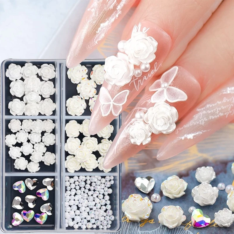 

AB Rose Flower Nail Charms 3D Acrylic Nail Charms Mix Heart Nail Rhinestones Clay for Nail Art Jewelry DIY Craft Wedding