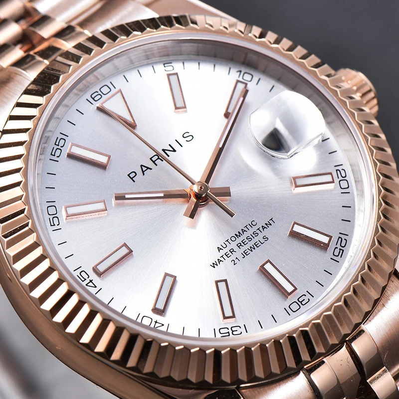 Модные мужские часы Parnis из розового золота с браслетом нержавеющей стали