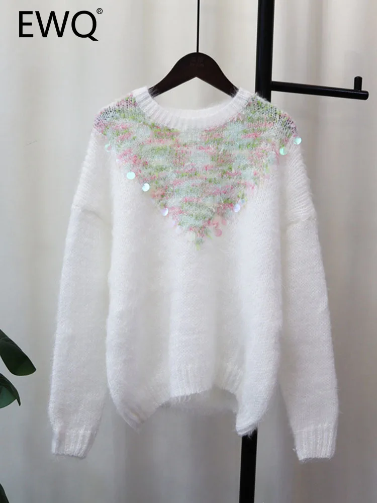 

EWQ Sweet Chic Women's Pullover Sweater Sequins Contrast Color Knitted Contrast Color Loose Sweaters Autumn 2023 New 27SN3297