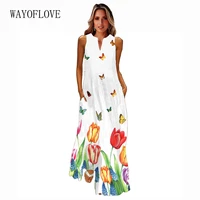 wayoflove women vintage white long dress summer casual beach sleeveless v neck flowers print vestidos elegant maxi dresses party